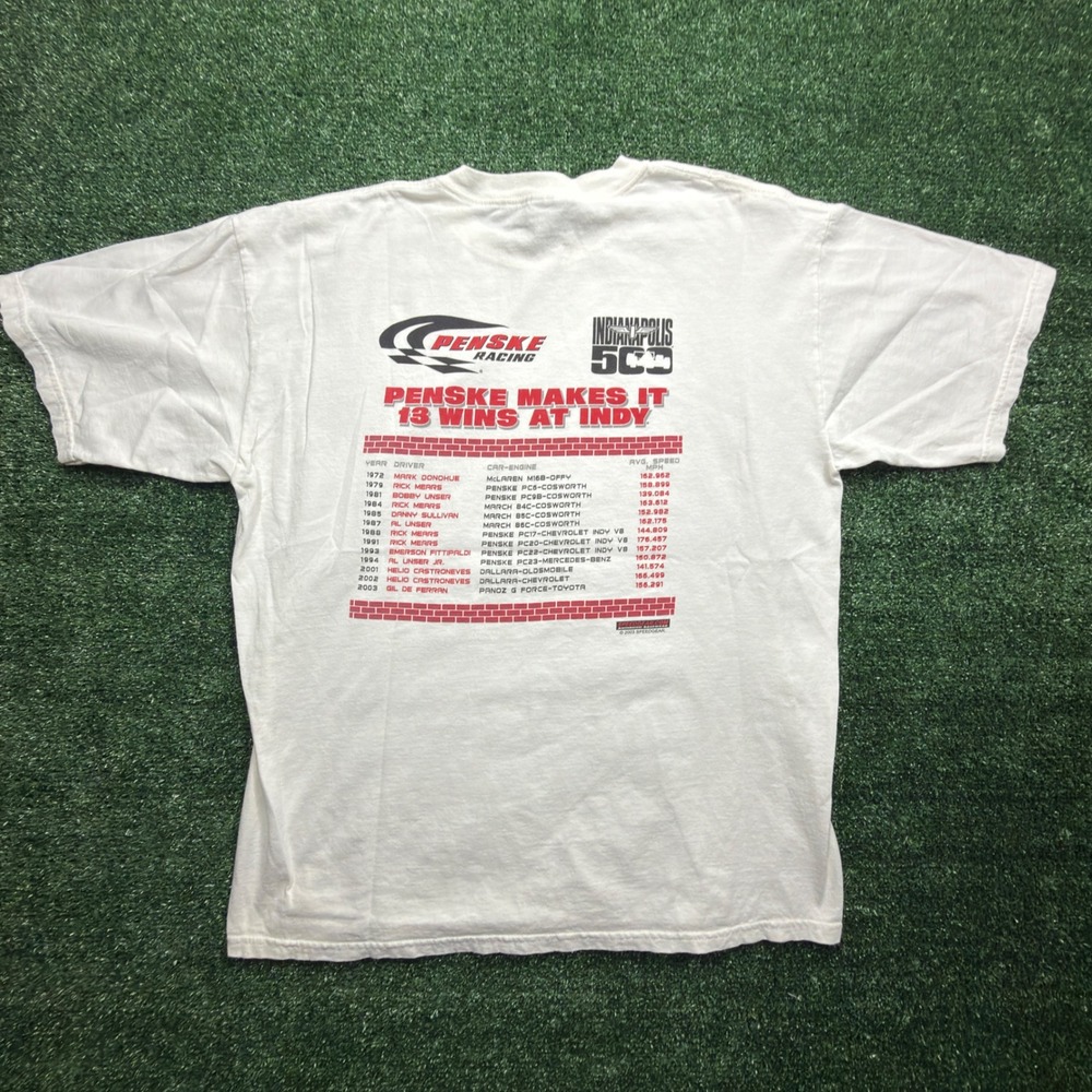 Vintage 2003 Penske Racing Indianapolis 500 T-Shirt Mens XL White 13 Wins Indy